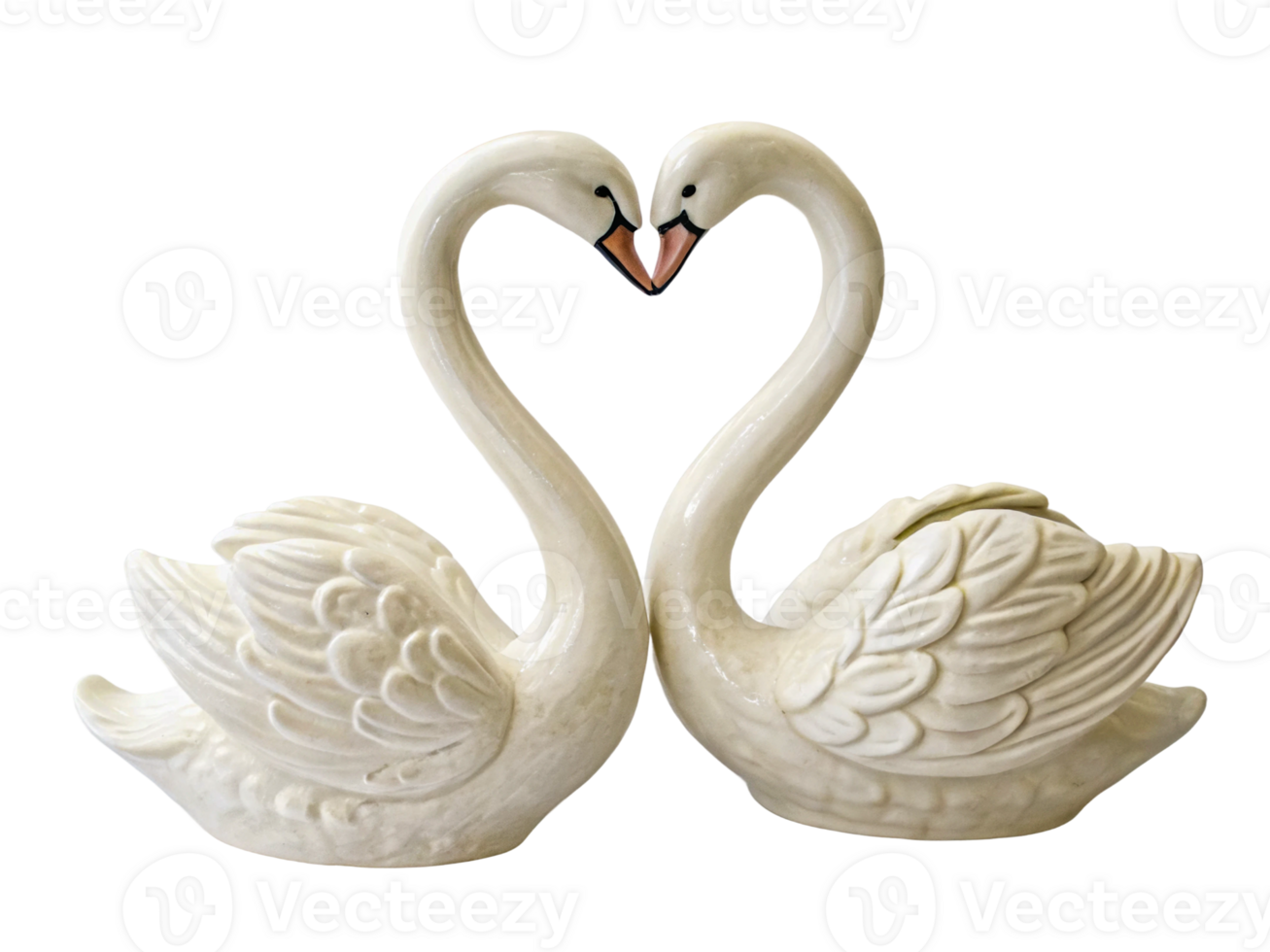 Elegant white ceramic swans create a heart shape in a decorative display png