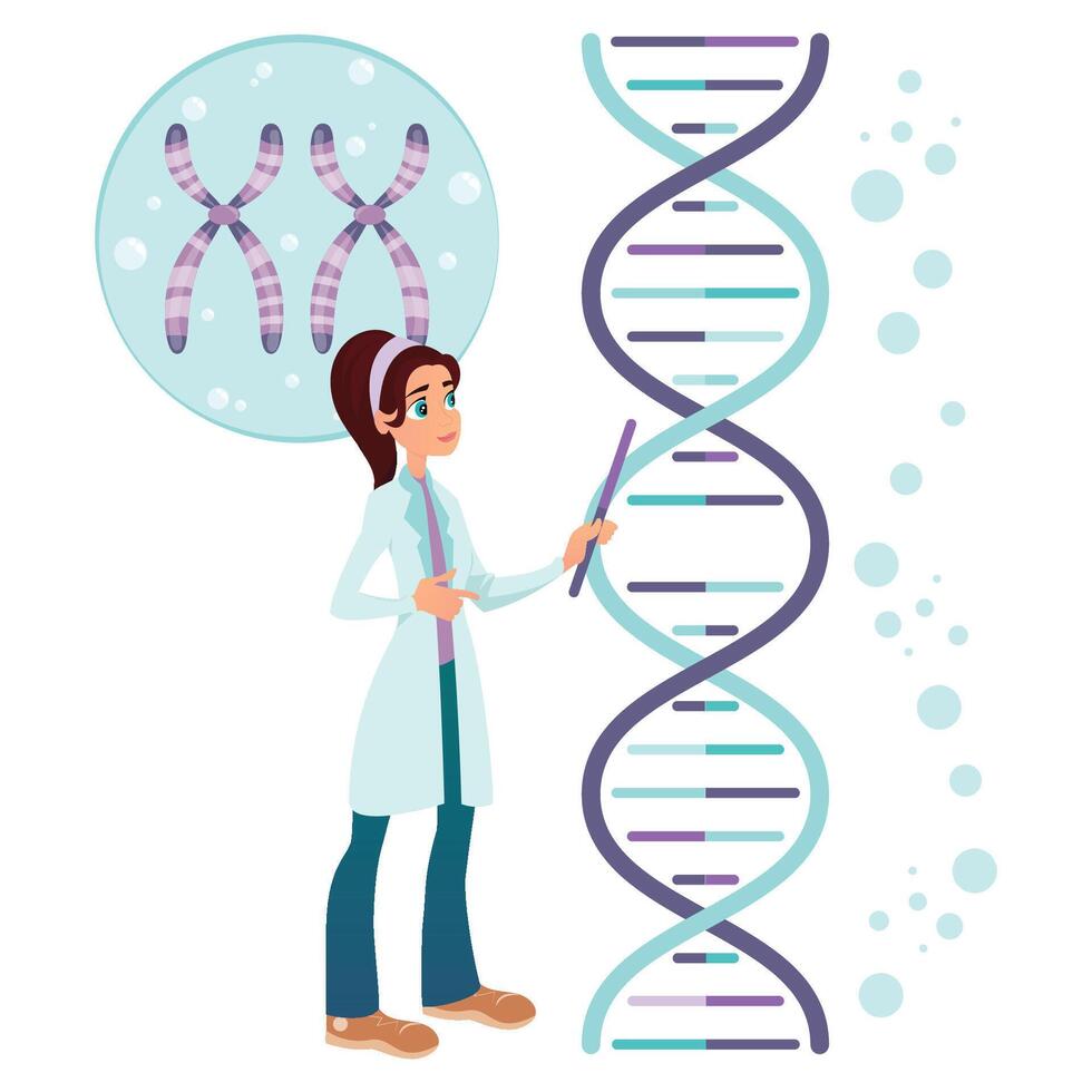 Female scientist editing a DNA structure. Graphic illustration in flat style vector