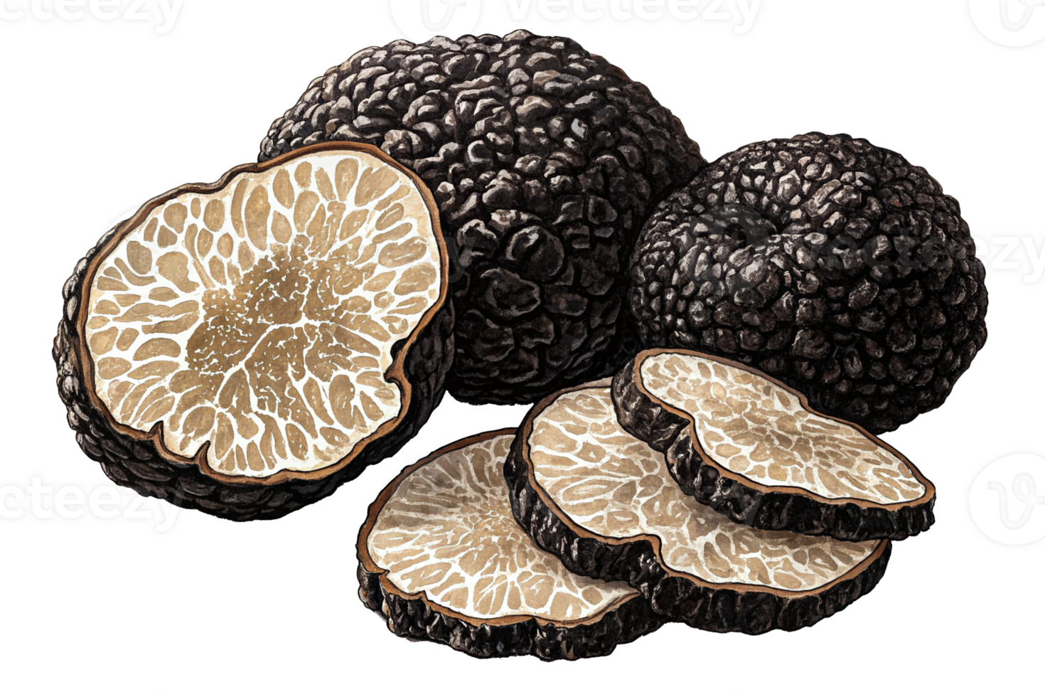 Black truffles displayed with slices showcasing their delicate texture and unique appearance png