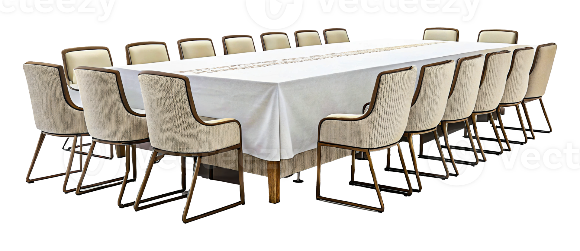 Gathering space with long table and comfortable chairs in a bright setting png