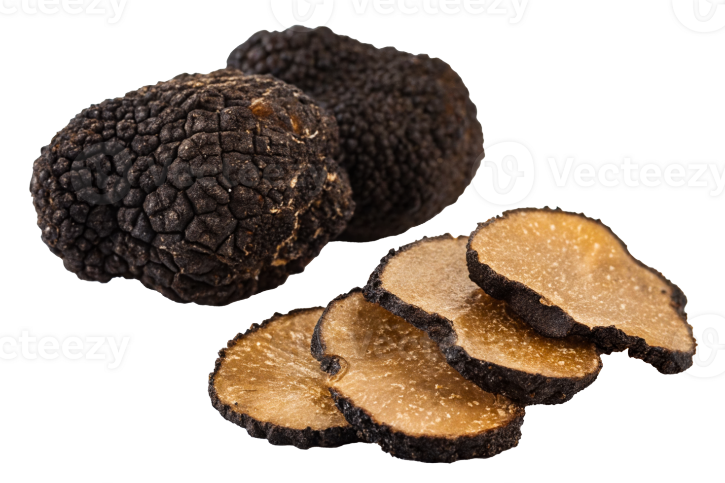 Slices and whole black truffles on a white background showcasing their unique texture png