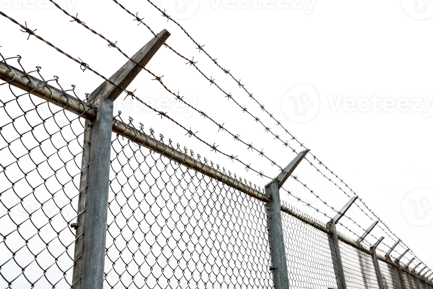 Security fence with barbed wire surrounding a restricted area in an urban environment png