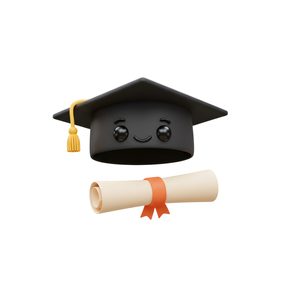 Cute Graduation Cap and Diploma 3D Render png