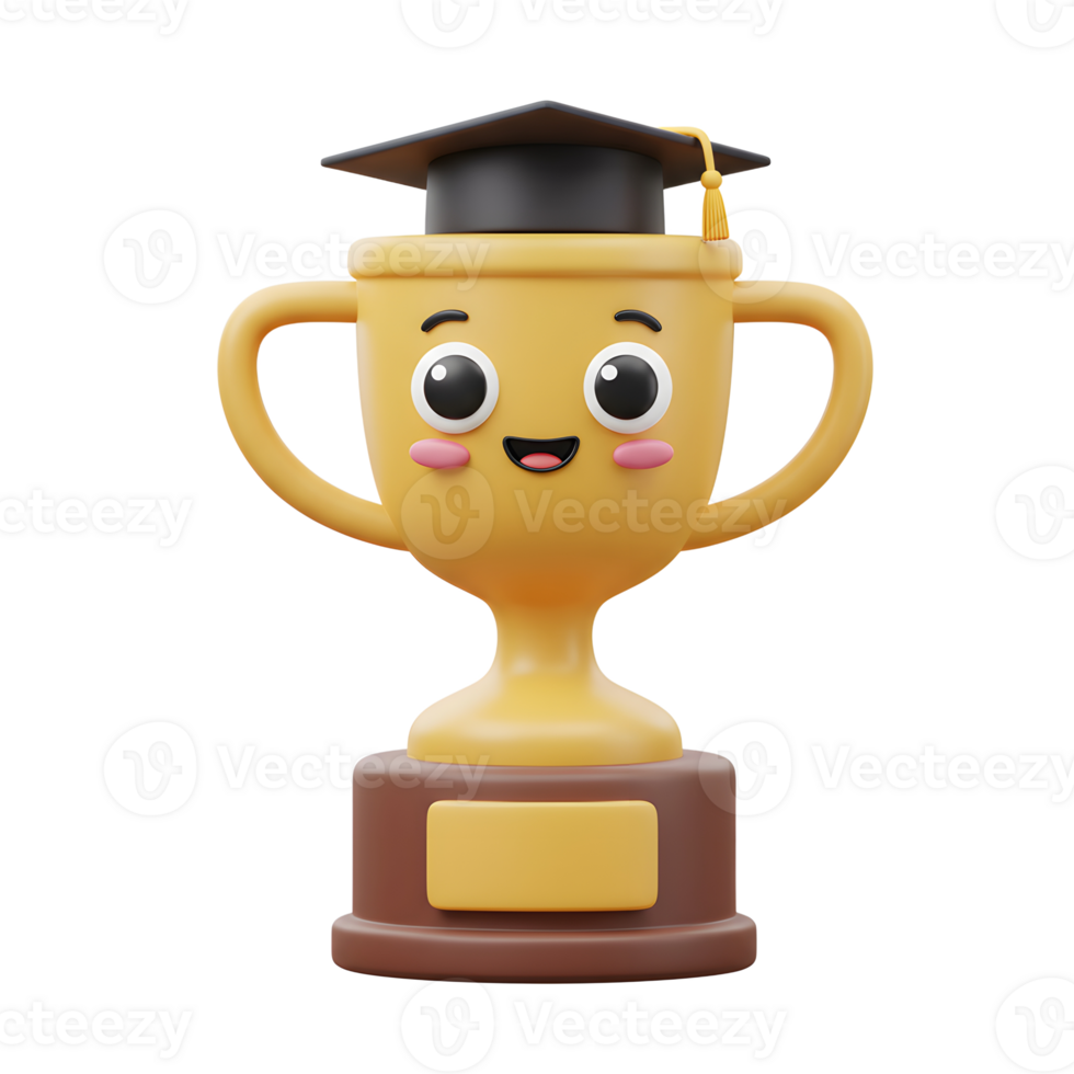 Cute Graduation Trophy 3D Render Cartoon Illustration png