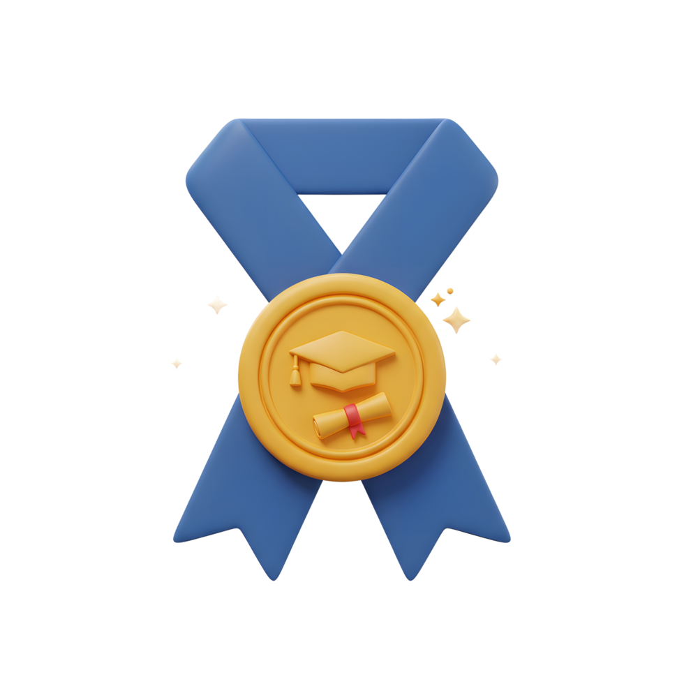 Graduation Medallion 3D Render Blue Ribbon and Gold Seal png