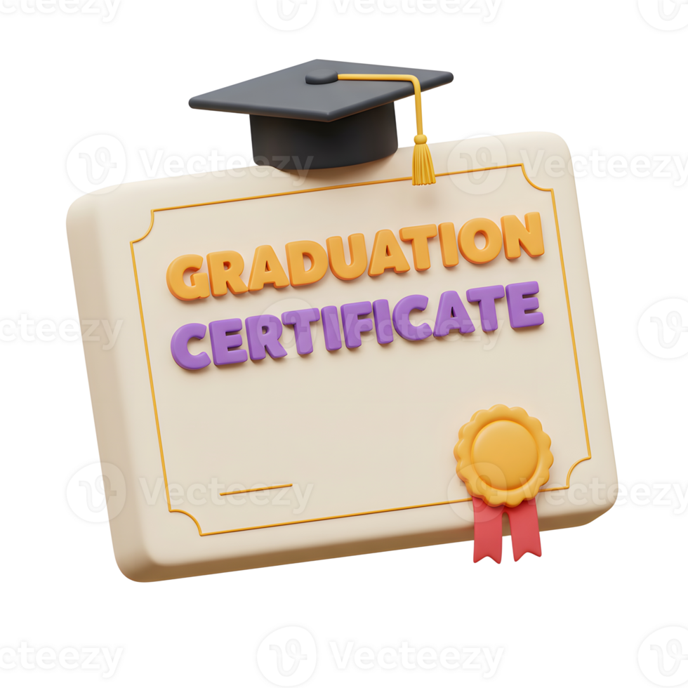 3D Graduation Certificate with Cap and Seal png