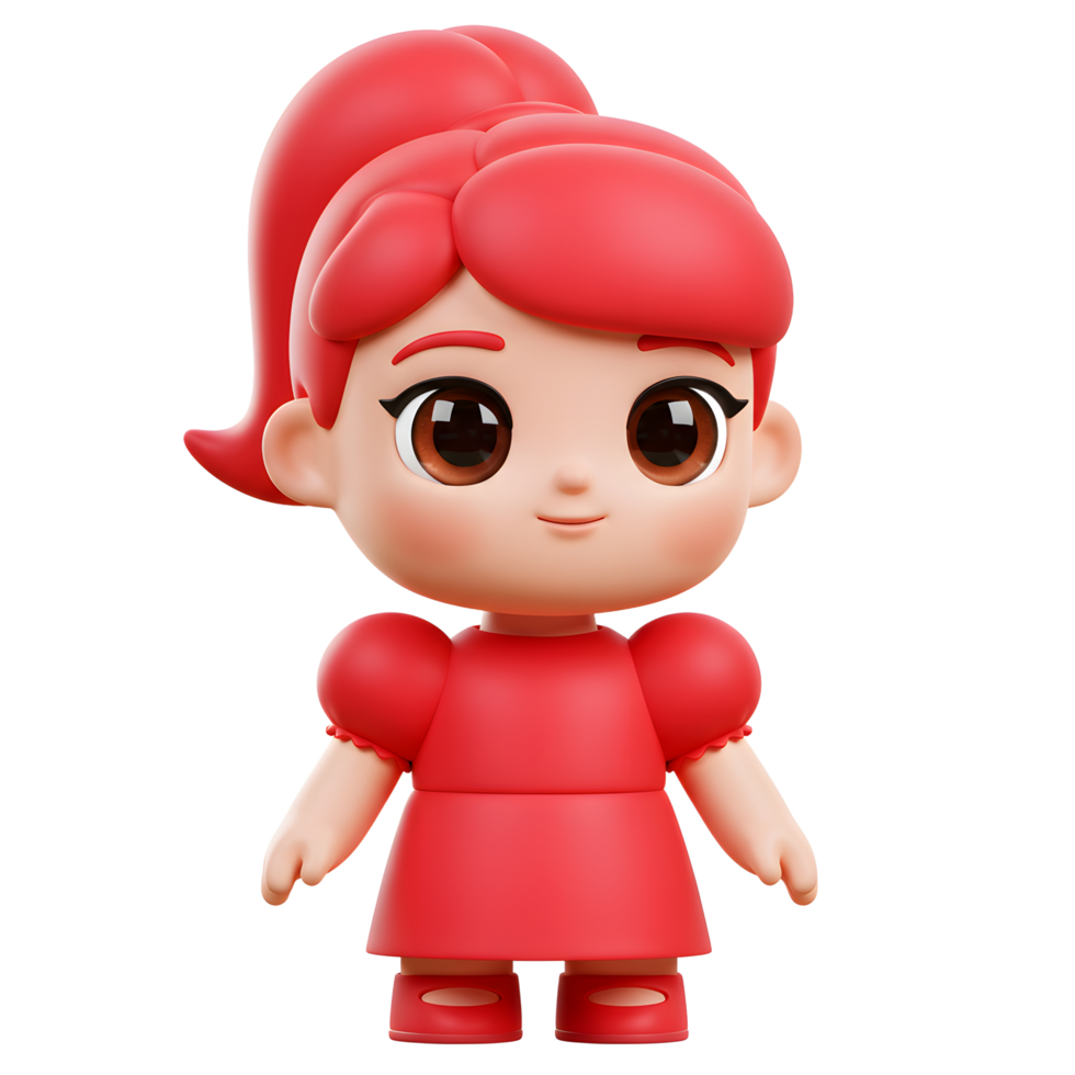 Cute Cartoon Girl in Red Dress 3D Rendering Character Design png