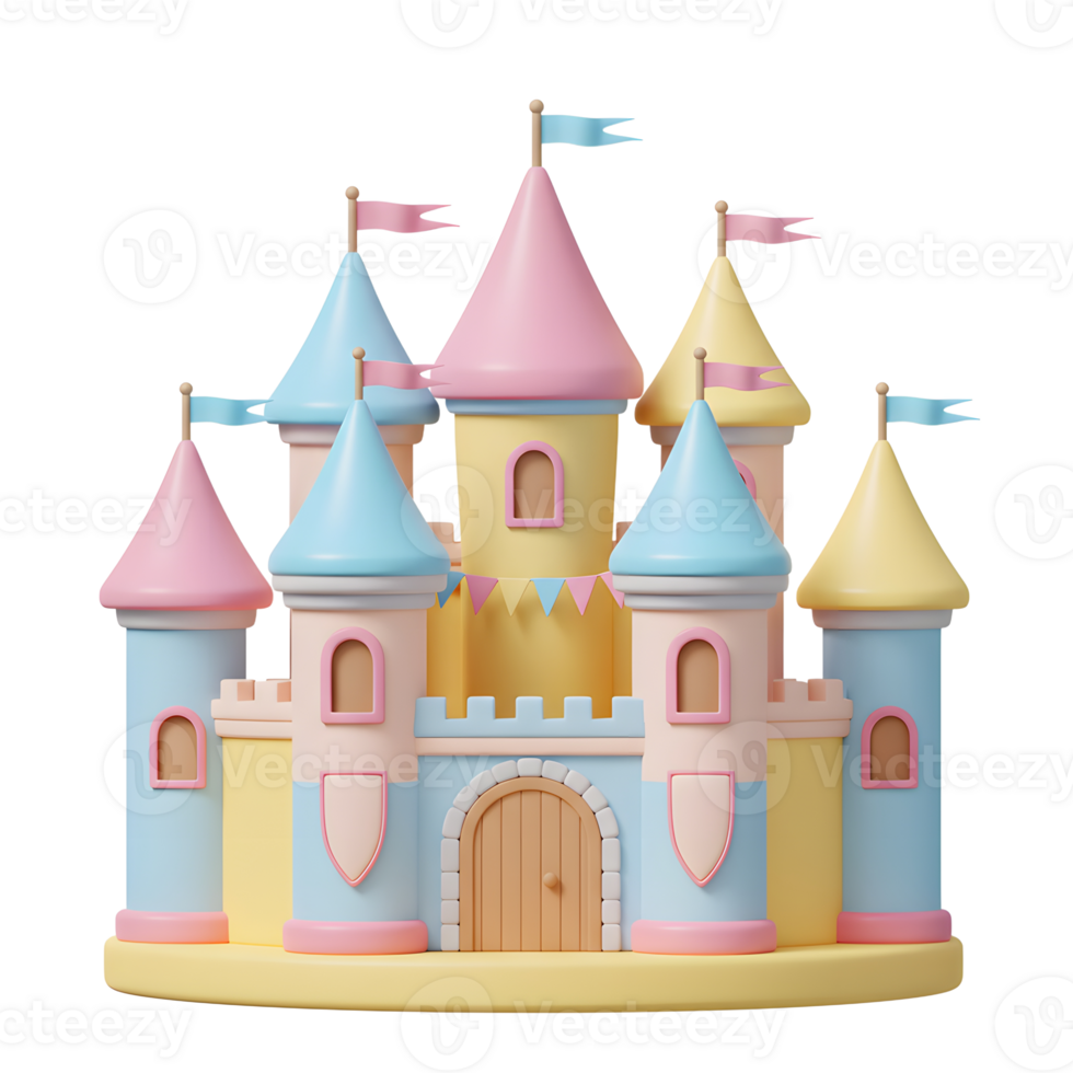 Whimsical Pastel Castle Illustration with Flags and Turrets on White png