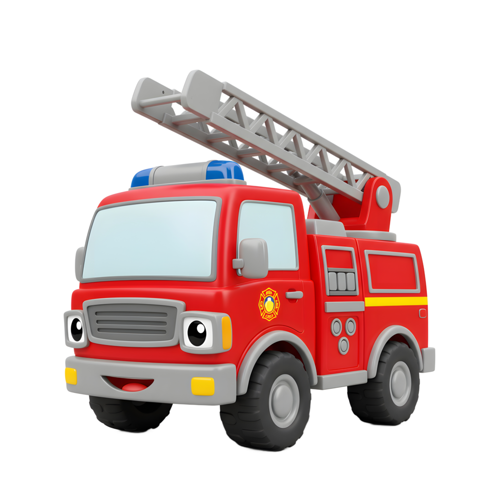 Cartoon Firetruck Illustration on White Background with Ladder and Character png