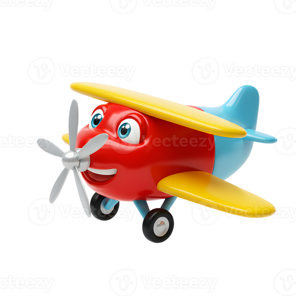Cartoon Airplane Toy Flying with Happy Face on a White Background png