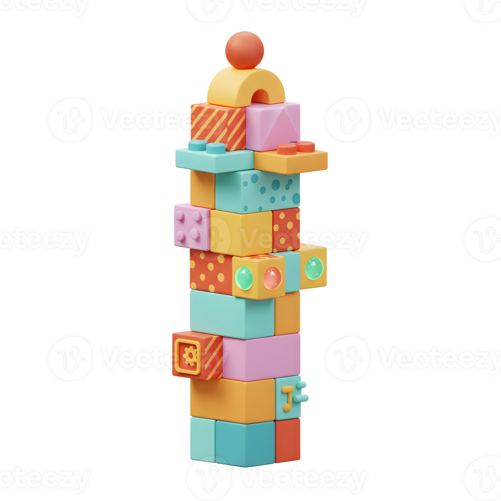 Stack of Colorful Toy Building Blocks Towering High on White Background png