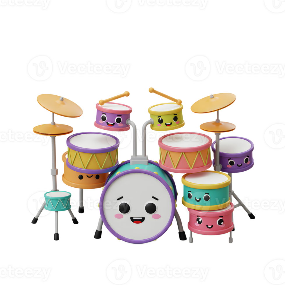 Whimsical Drum Set with Cute Faces for Kids Music Education png
