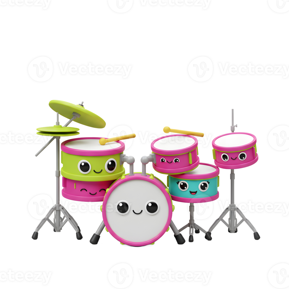 Cute Cartoon Drum Set with Smiling Faces for Children's Music Learning png