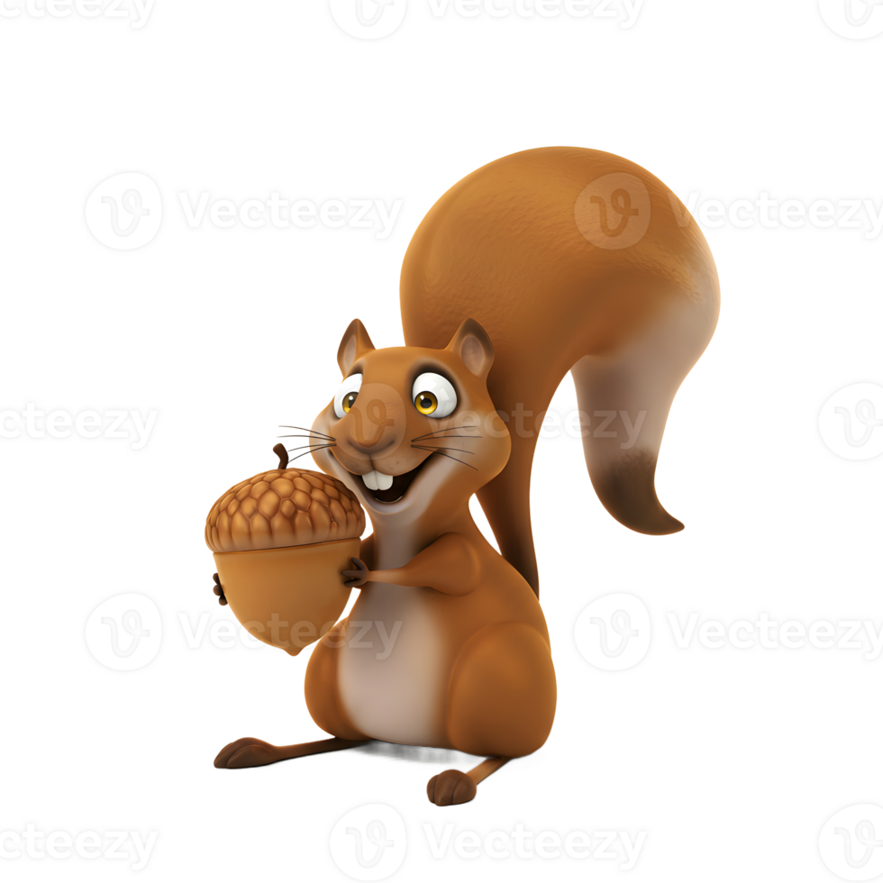 Cute Cartoon Squirrel Holding Acorn with Happy Expression on White png