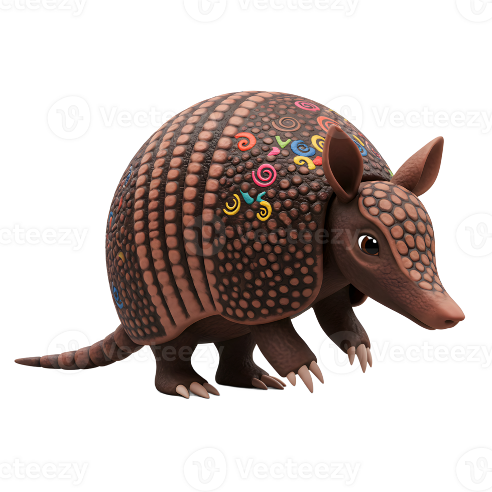 Cartoon Armadillo with Colorful Swirls on Shell Standing on White png