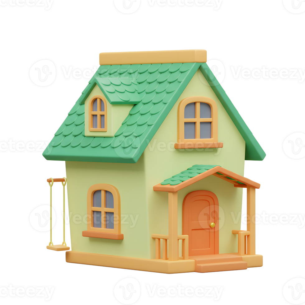 Cartoon Style House Render with Green Roof and Swing Set Design png