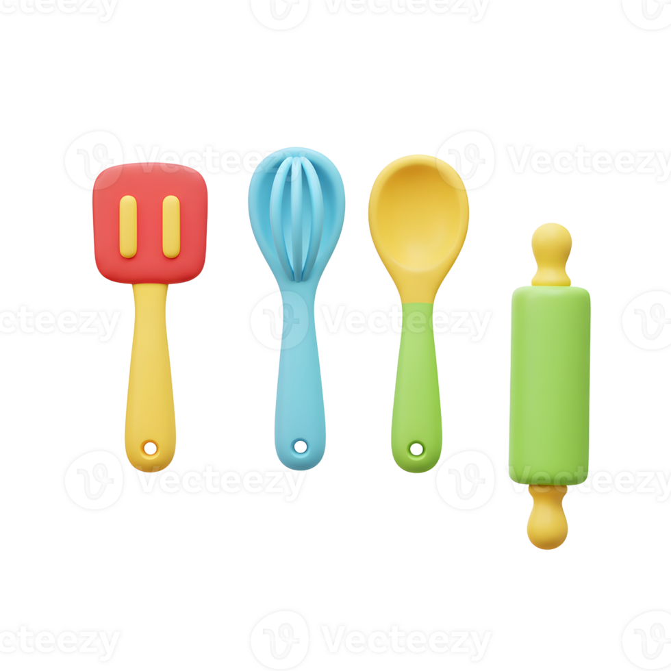 Colorful Kitchen Utensils Illustration Spatula Whisk Spoon and Rolling Pin png