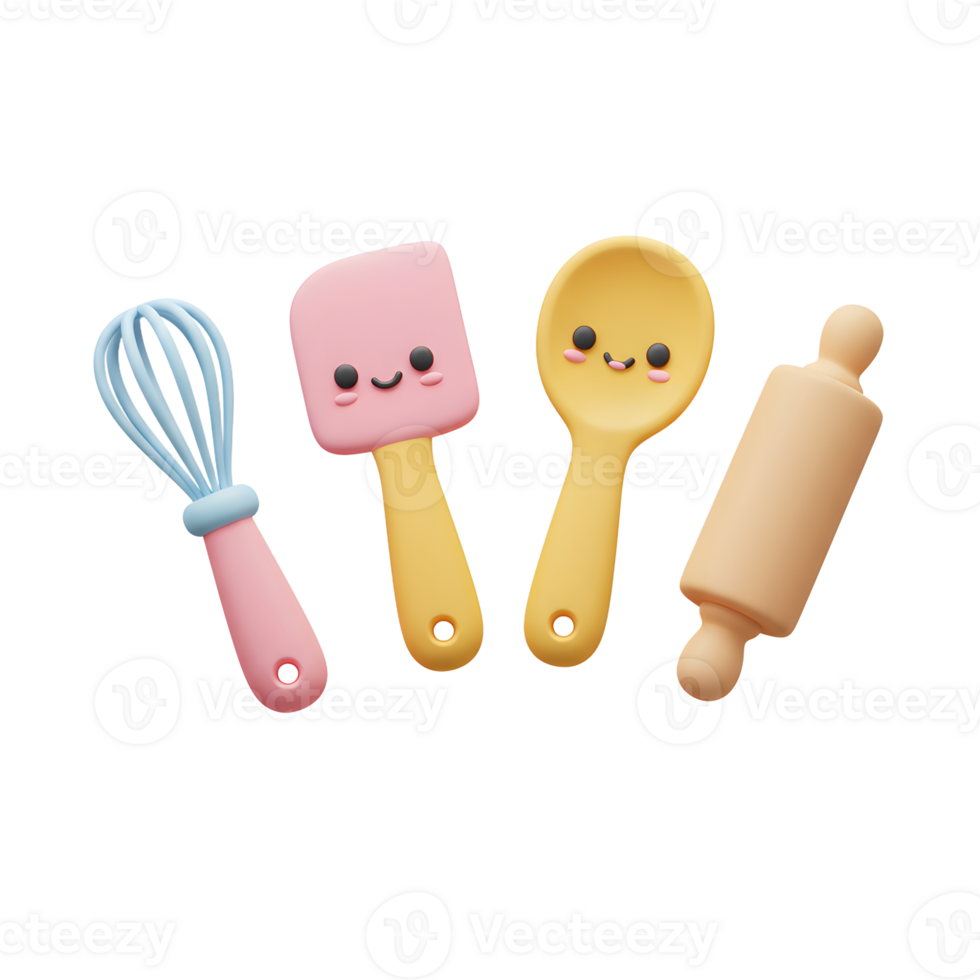 Cute Baking Utensils with Faces Whisk Spatula Spoon Rolling Pin Render png