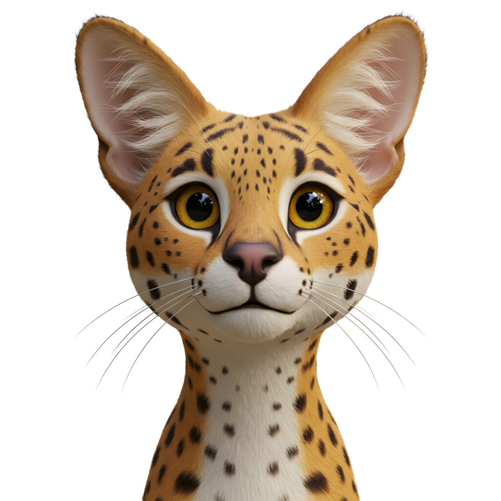 Cartoon Serval Cat Portrait with Cute Expression and Large Ears png