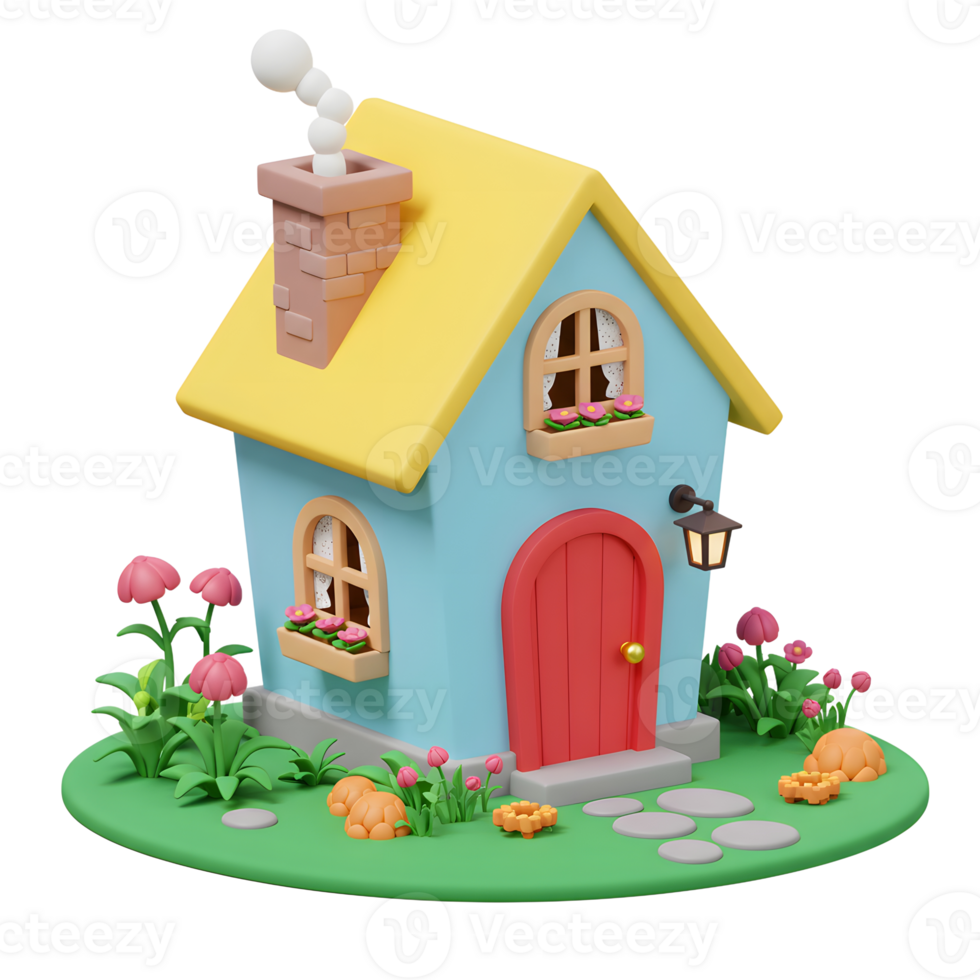 Cute Cartoon House with Flowers and Stone Path 3D Illustration png