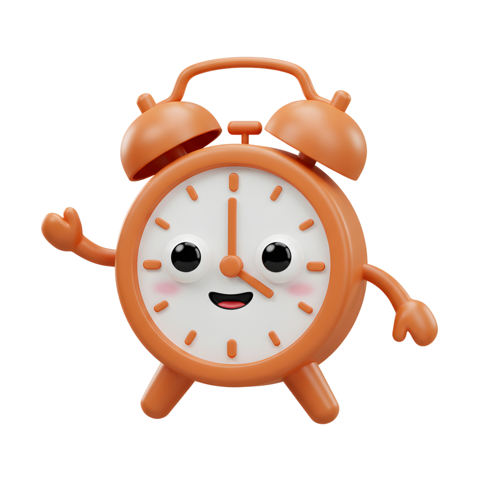 Cute Cartoon Alarm Clock Mascot with Friendly Expression Standing on White png