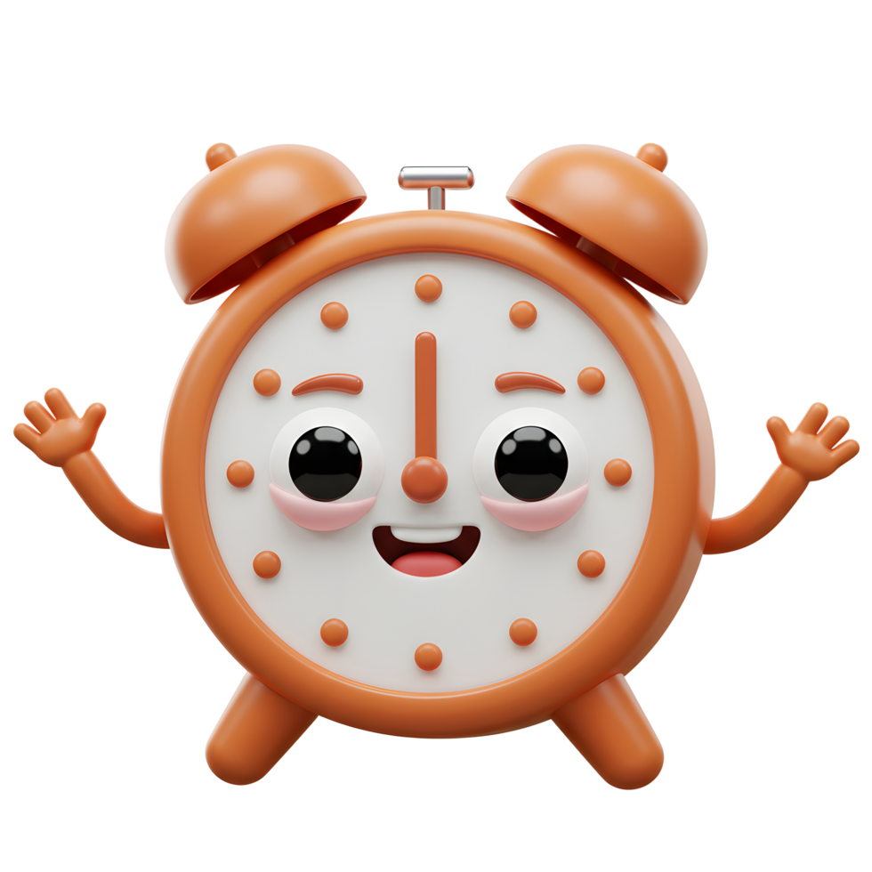 Cartoon Alarm Clock Character with Sleepy Eyes and Smiling Face png