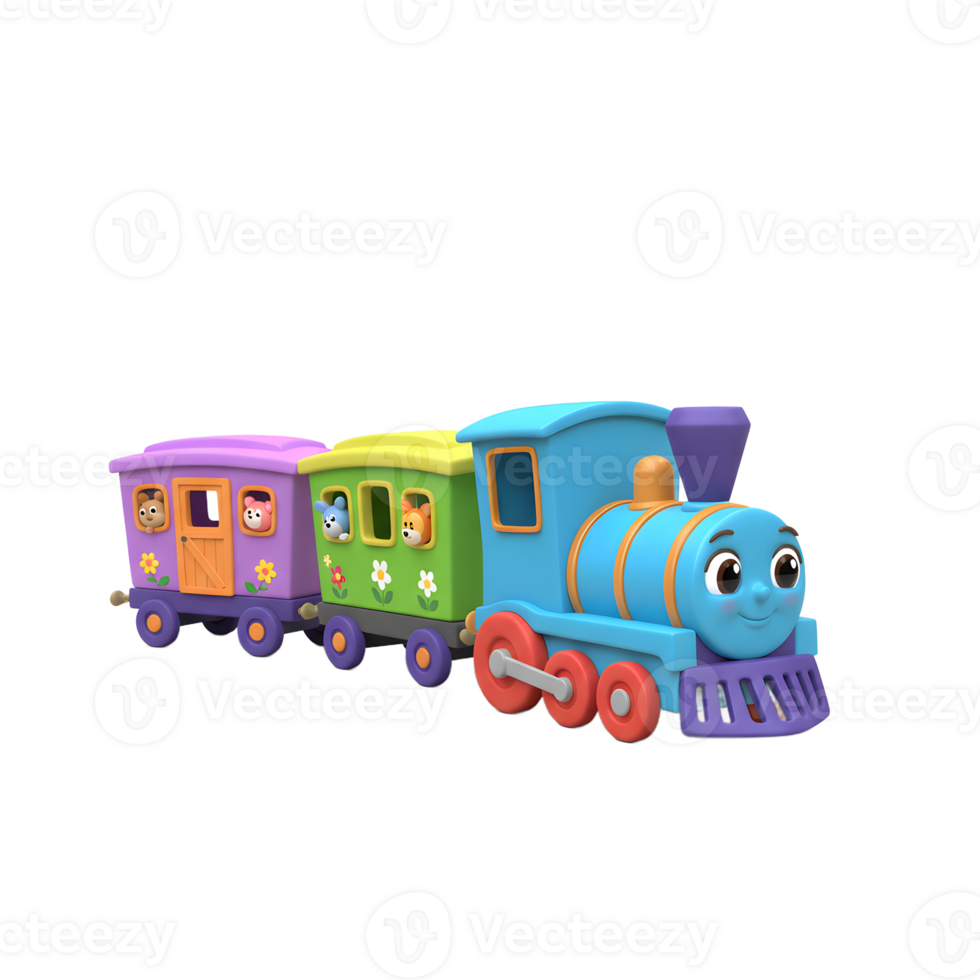 Colorful Toy Train with Smiling Face and Animal Passengers on White png