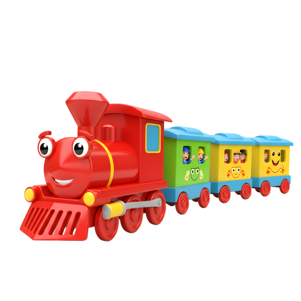 Toy Train with Smiling Carriages and Playful Passengers for Kids Fun png