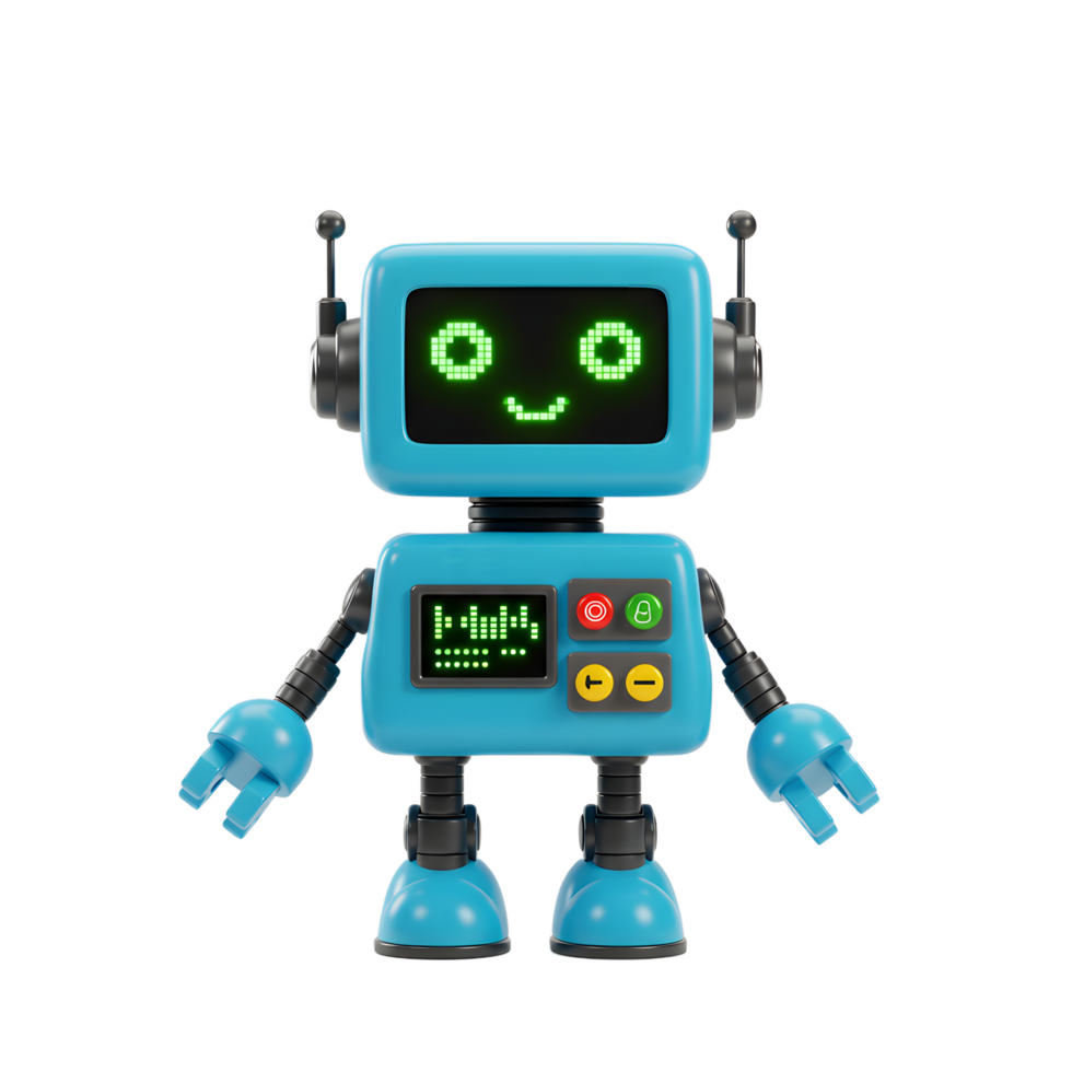 Cute Blue Robot with Smiley Face Screen Standing on White Background png