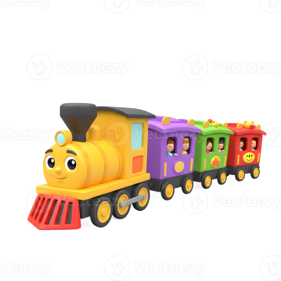 Colorful Toy Train with Smiling Face and Little People Passengers png