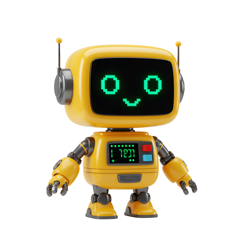 Cute Yellow Robot Illustration with Pixel Display and Friendly Expression png