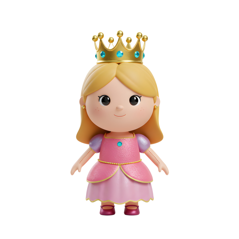 Cute Princess Doll Character Wearing Golden Crown and Pink Dress png