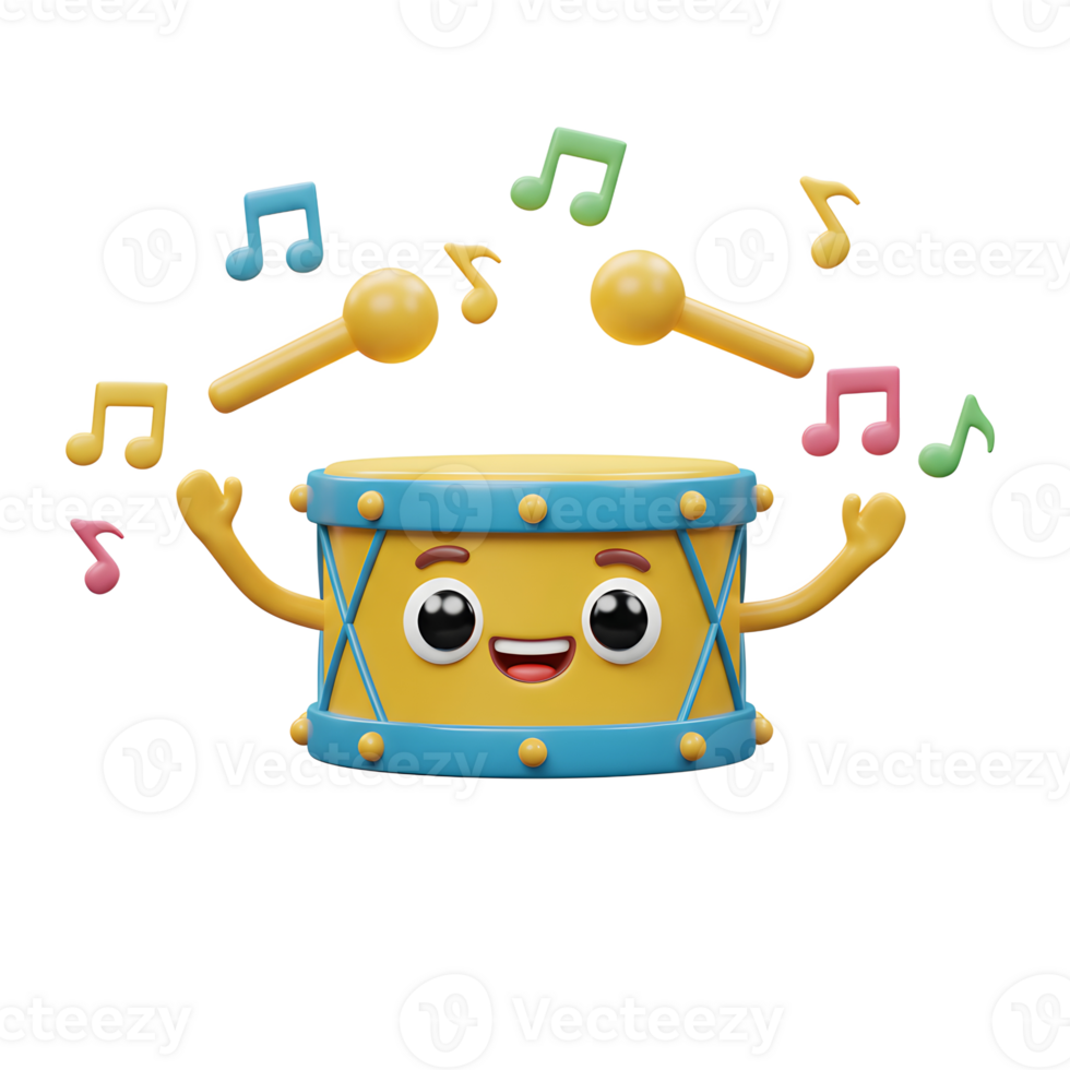 Cute Drum Character Playing Music with Drumsticks and Colorful Notes png