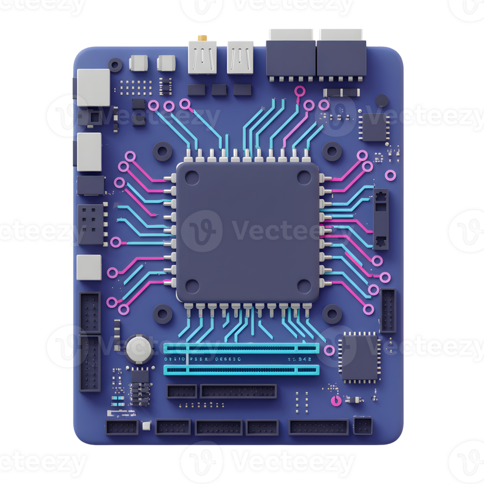 Close-up of Circuit Board with Processor and Colorful Traces png