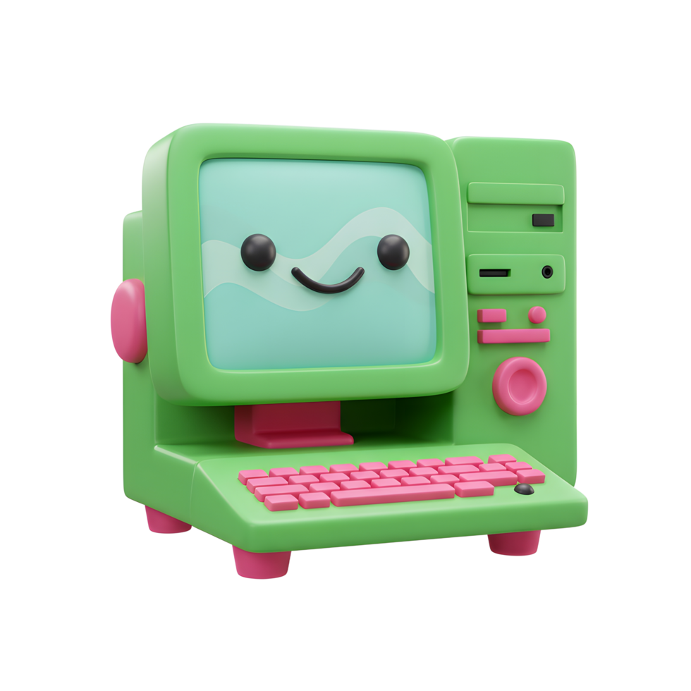 Retro Cartoon Computer Illustration with Smiling Face and Playful Design png