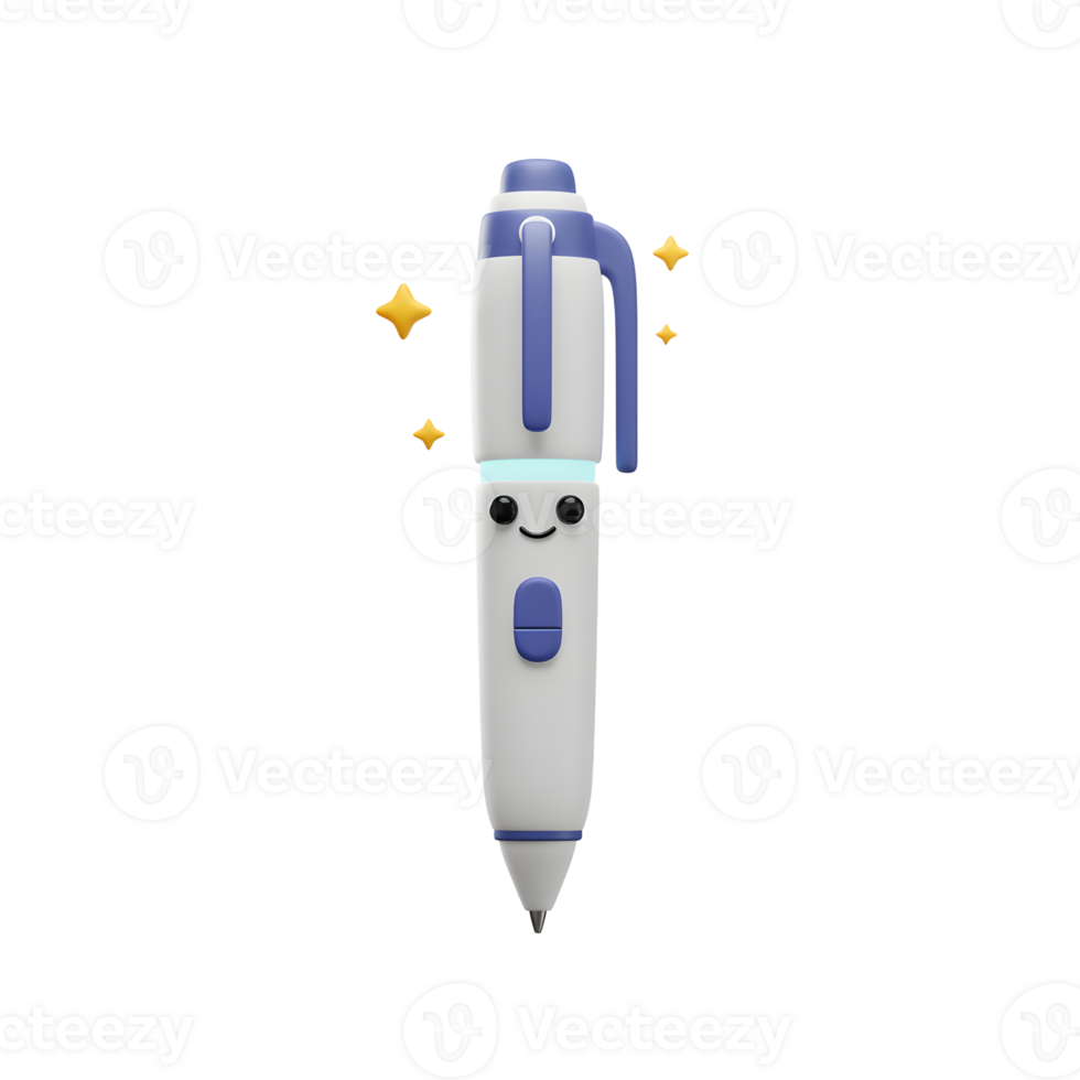 Cute Cartoon Pen with Smiling Face and Stars on White Background png
