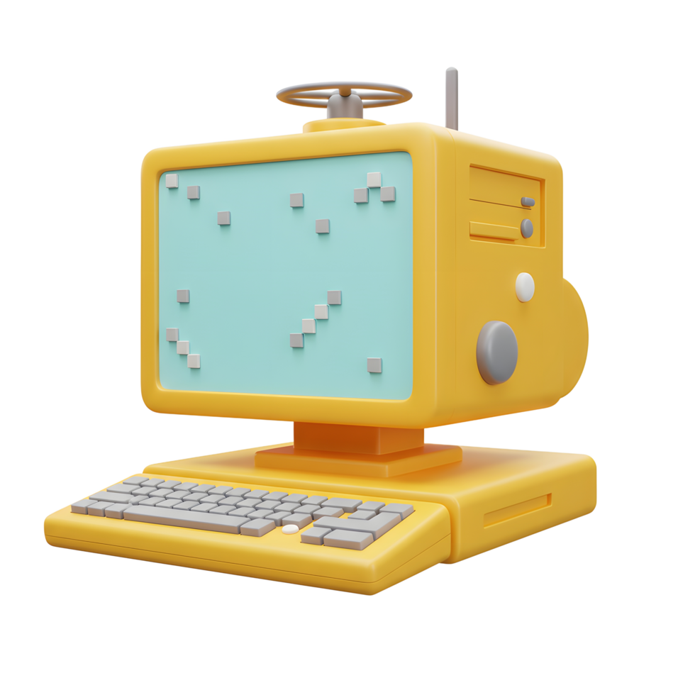 Stylized Yellow Computer with Pixelated Screen and Buttons for Nostalgic Design png