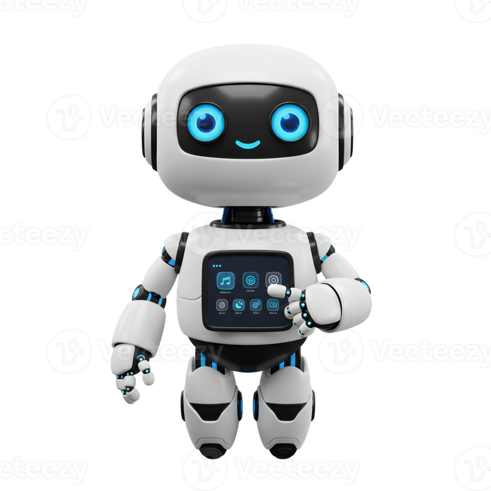 Cute Robot Touching Screen with App Icons Technology Concept Image png