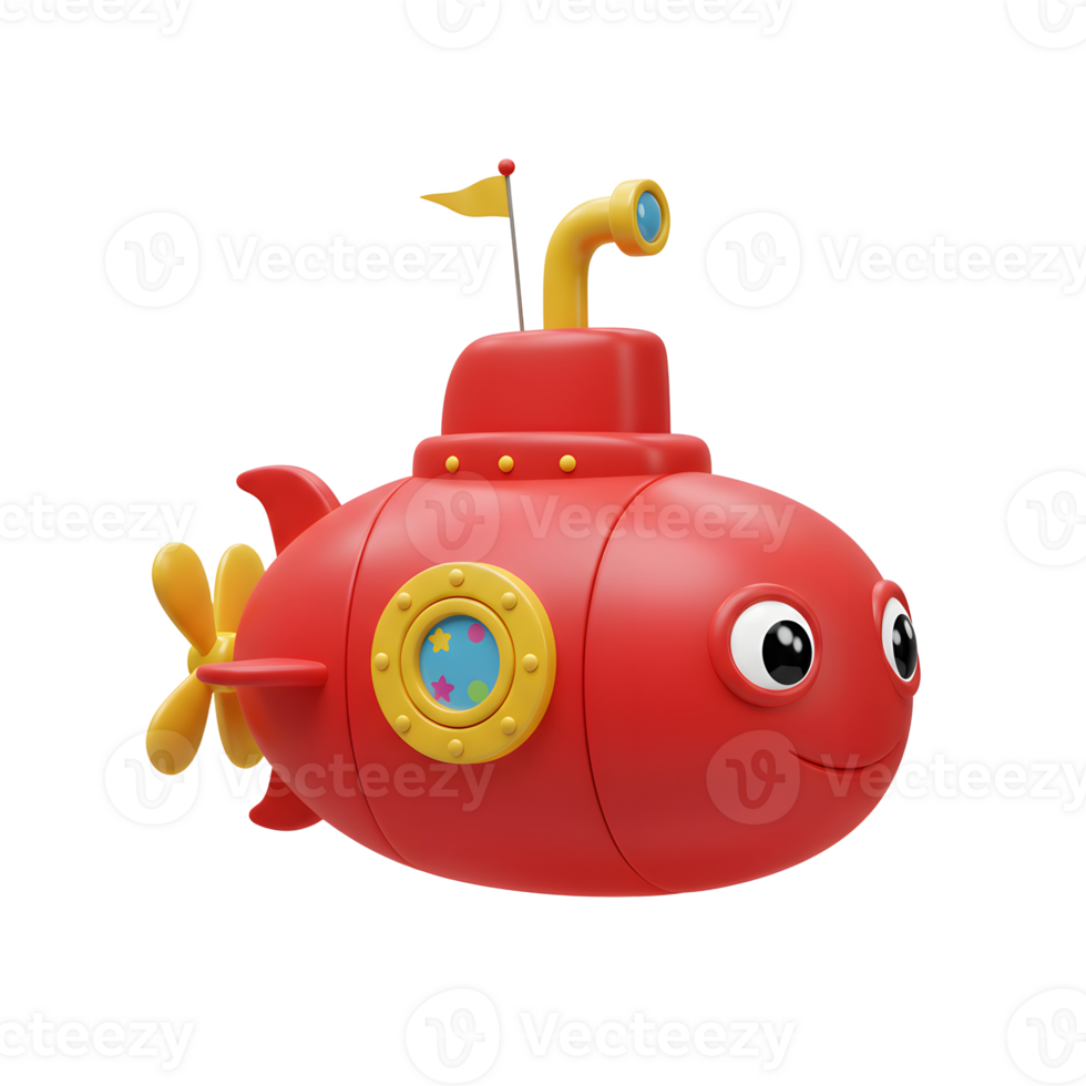 Cute Red Submarine Illustration with Cartoon Eyes and Yellow Propeller png