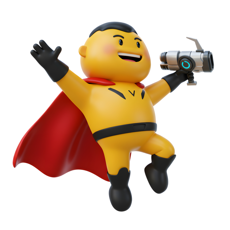 Cartoon Superhero Character Flying with Ray Gun Comic Style 3D Rendering png