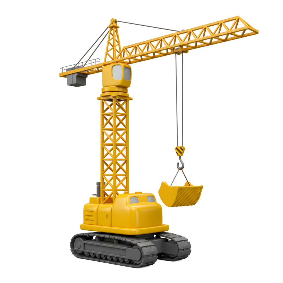 Yellow Construction Crane Lifting Bucket Isolated on White Background png