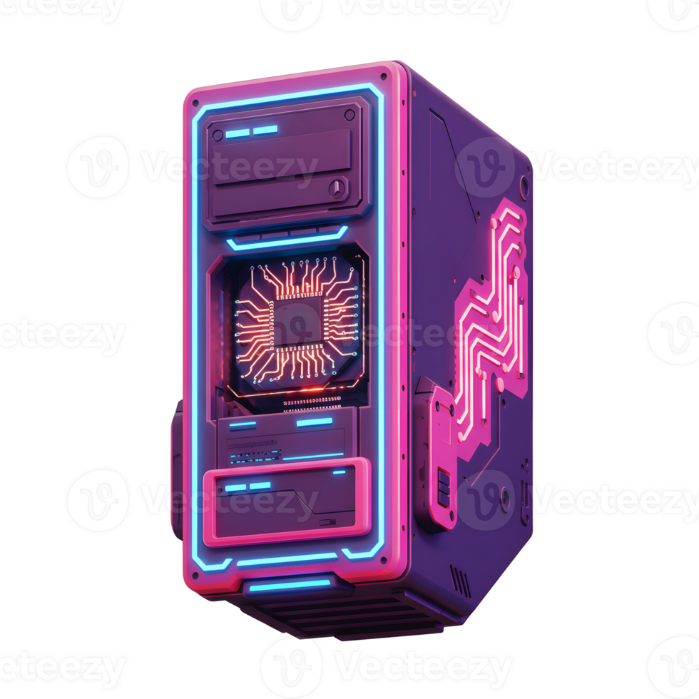 Stylized Futuristic Computer Server with Neon Lights and Circuitry png