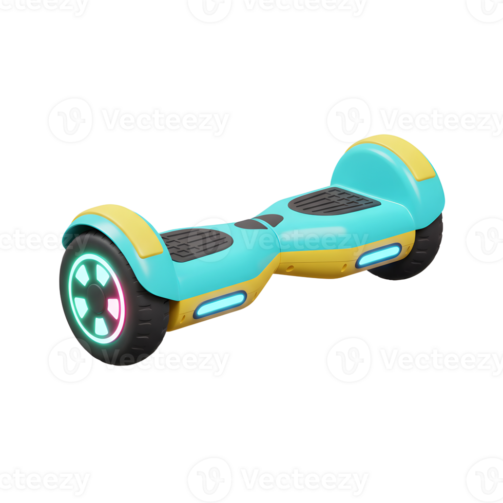 Isolated Hoverboard with Neon Lights in Yellow and Turquoise Colors png