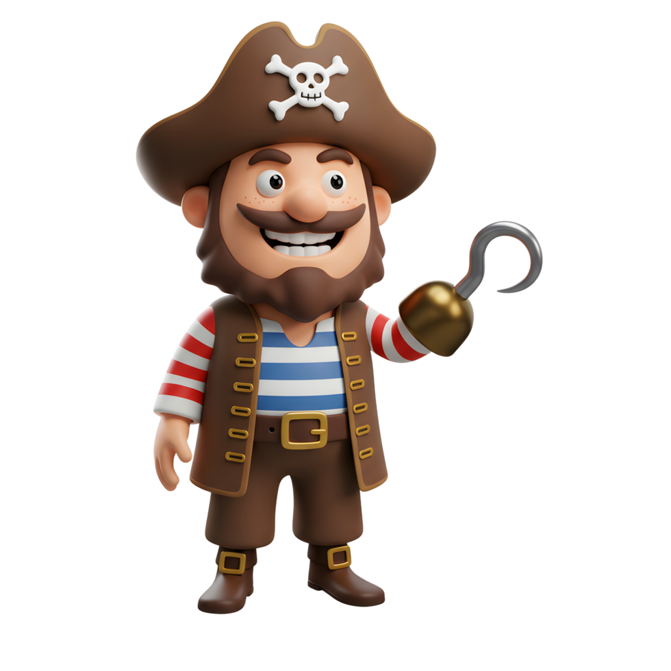 Cartoon Pirate Character with Hook and Hat 3D Rendering on White png