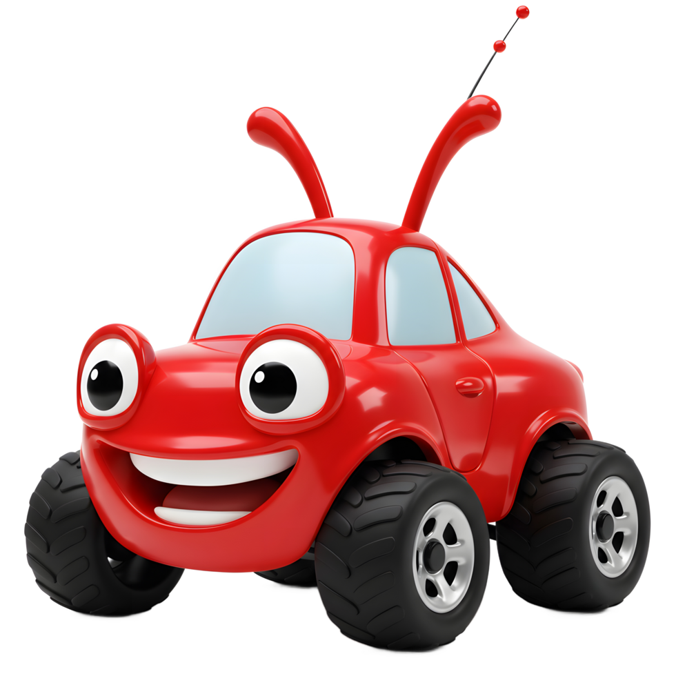 Cartoon Red Car Smiling with Big Eyes and Antenna on White png