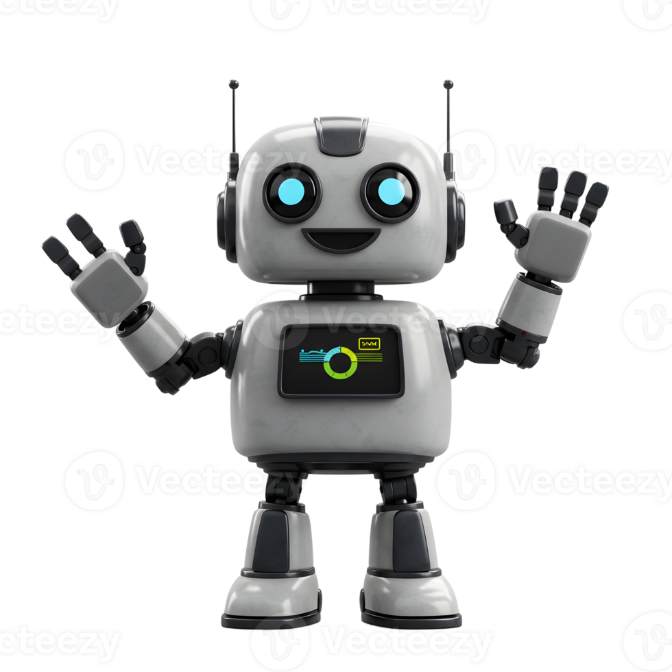 Cute Robot Waving Hello with Data Chart Display on White Background png