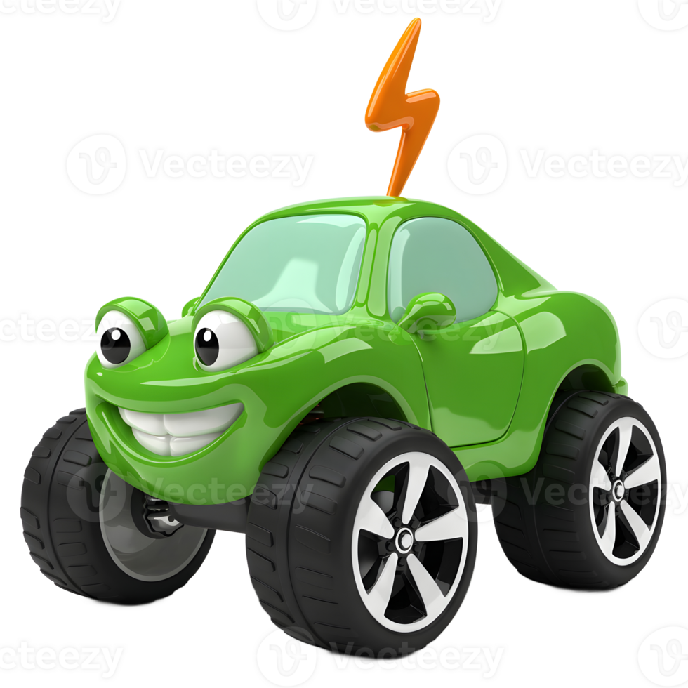 Smiling Green Cartoon Car with Lightning Bolt, Electric Vehicle Concept png