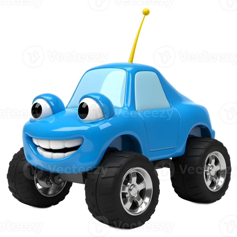 Cartoon Blue Toy Car with Big Smile and Wheels on White png