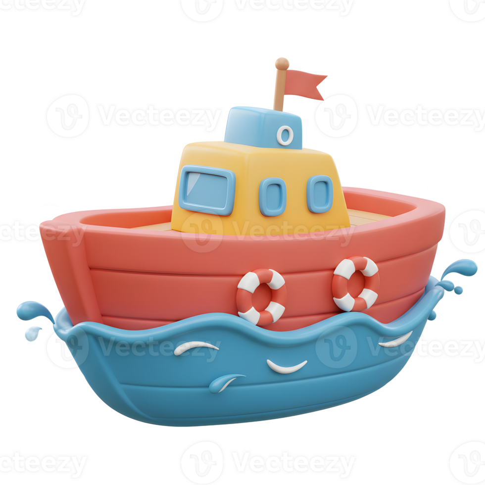 Cute Toy Boat Floating on Water with Lifebuoys and Small Flag png