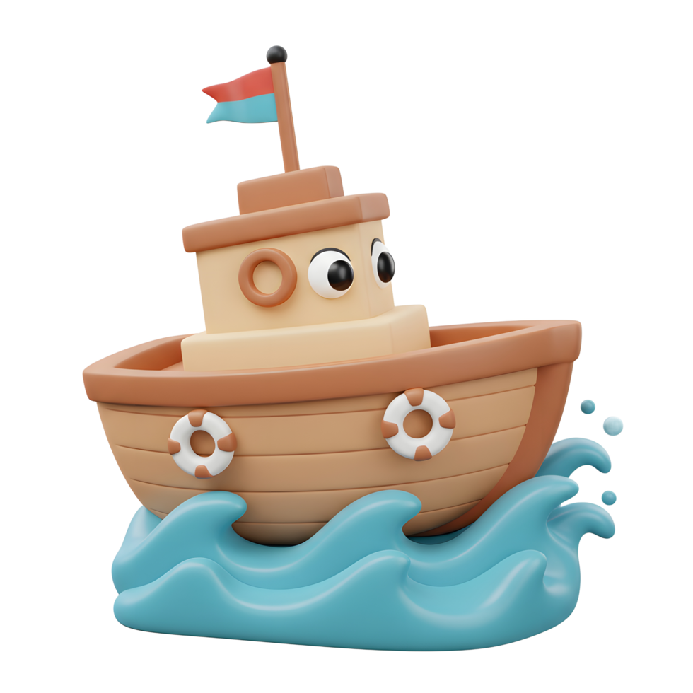 Cartoon Boat Toy Floating on Water with Googly Eyes and Flag png